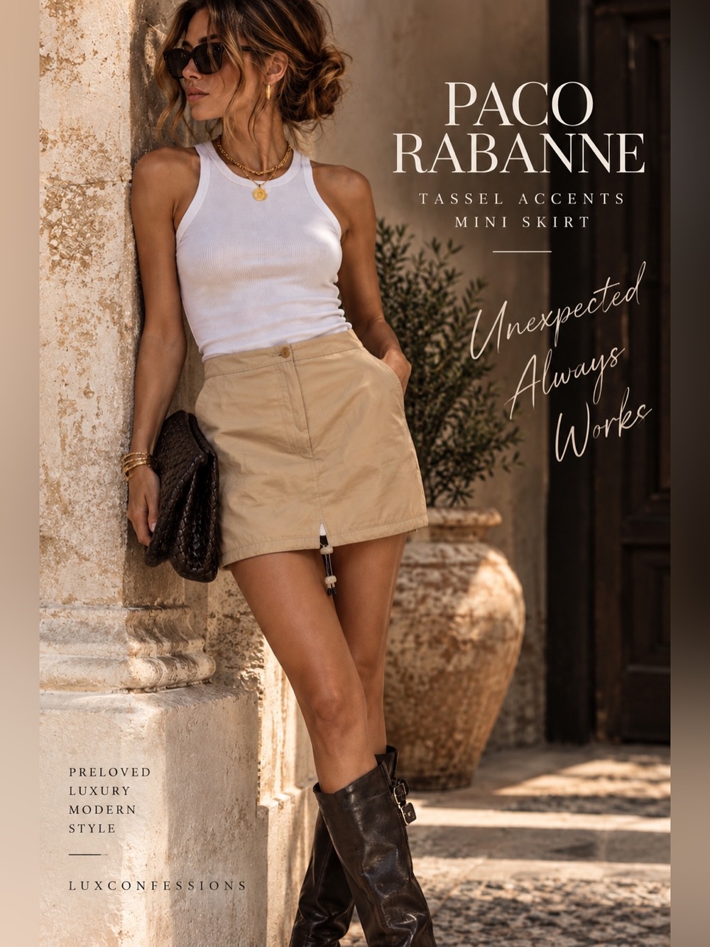 Paco Rabanne Beige Khaki Cotton Utility Drawstring Mini Skirt FR 40 Approx US 6